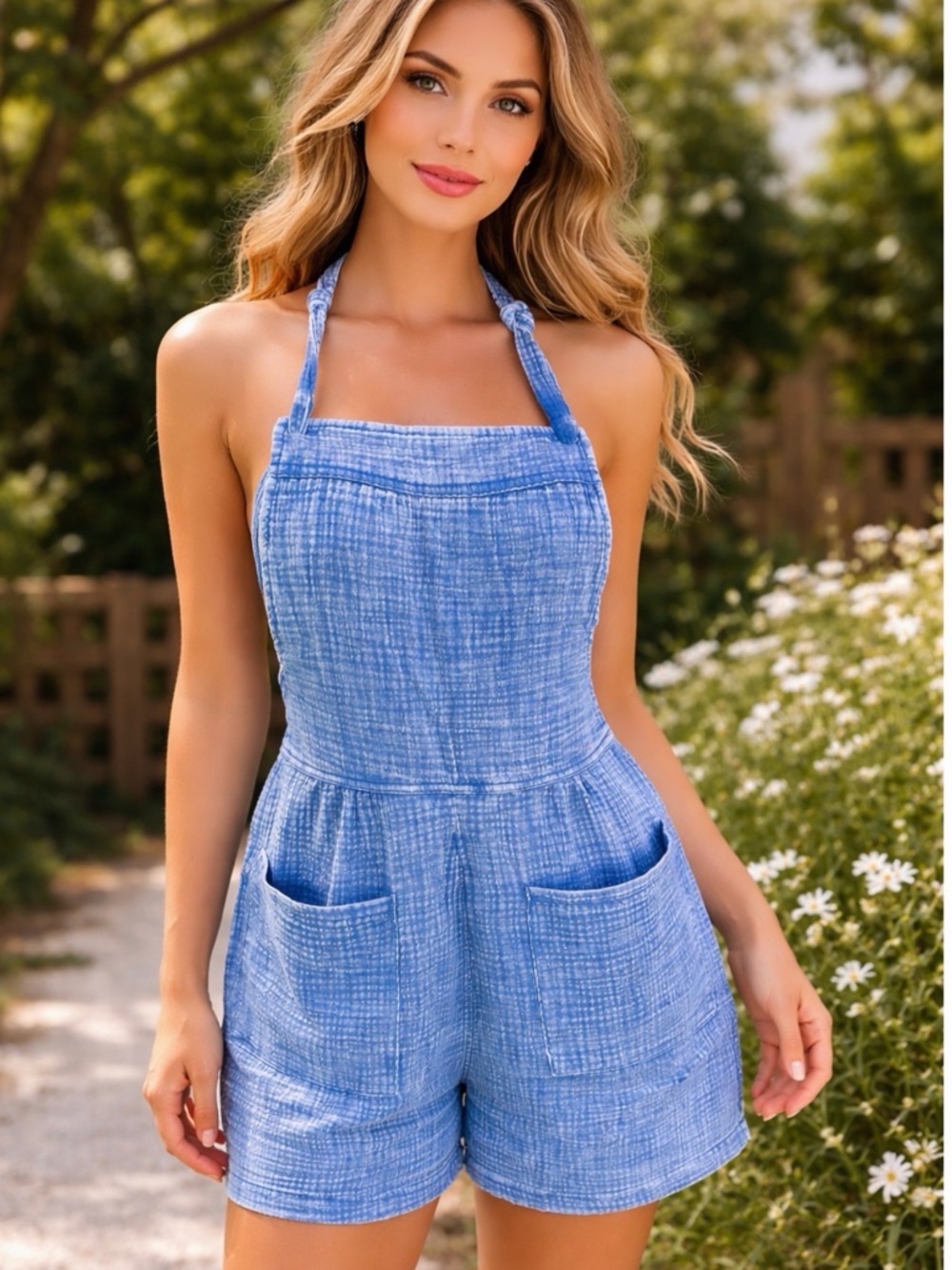 Zenana Outfitters Light Blue Textured Halter Romper with Front Pockets